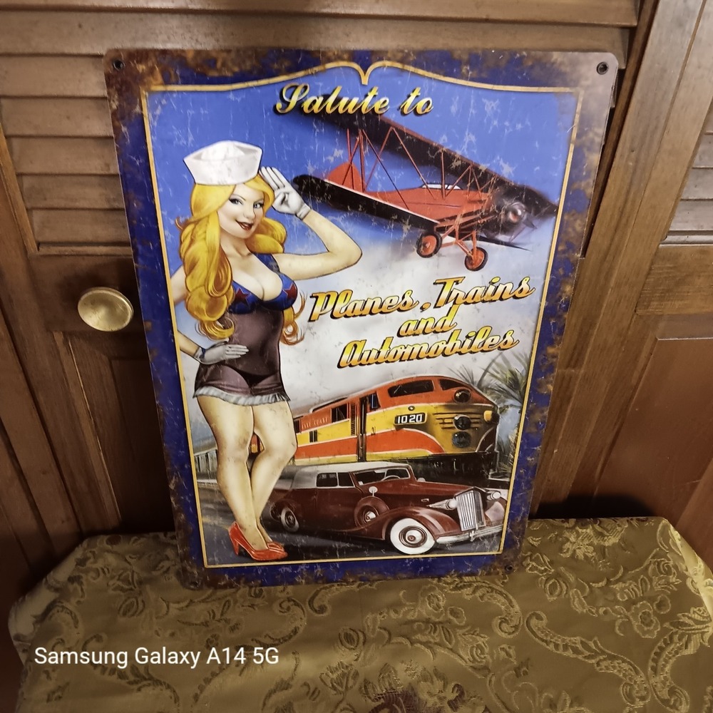 SCHRADER Metal Sign Planes Trains Automobiles Pinup Girl Garage Art 18x12 USA